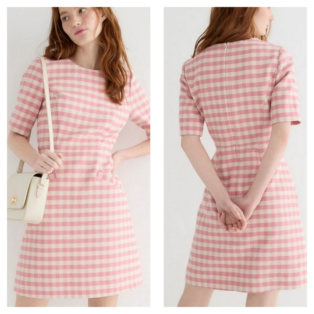 J. Crew Women's Short-Sleeve Mini Dress in Pink Gingham Terry Tweed BP600 Size 6